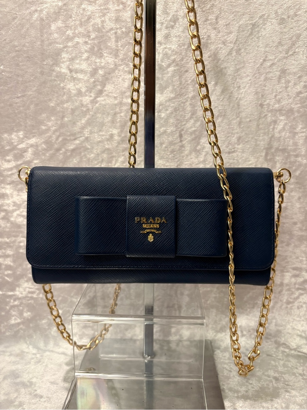 Prada Saffiano Bow Tie Continental Wallet Bluette NEW Box Authenticity card